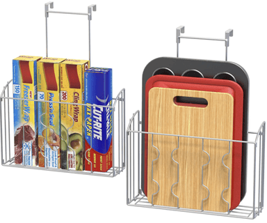 Over the cabinet door organizer hanging inside a kitchen cabinet