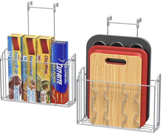 Over the cabinet door organizer hanging inside a kitchen cabinet