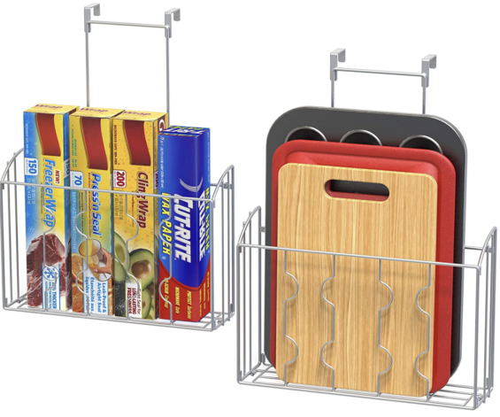Over the cabinet door organizer hanging inside a kitchen cabinet